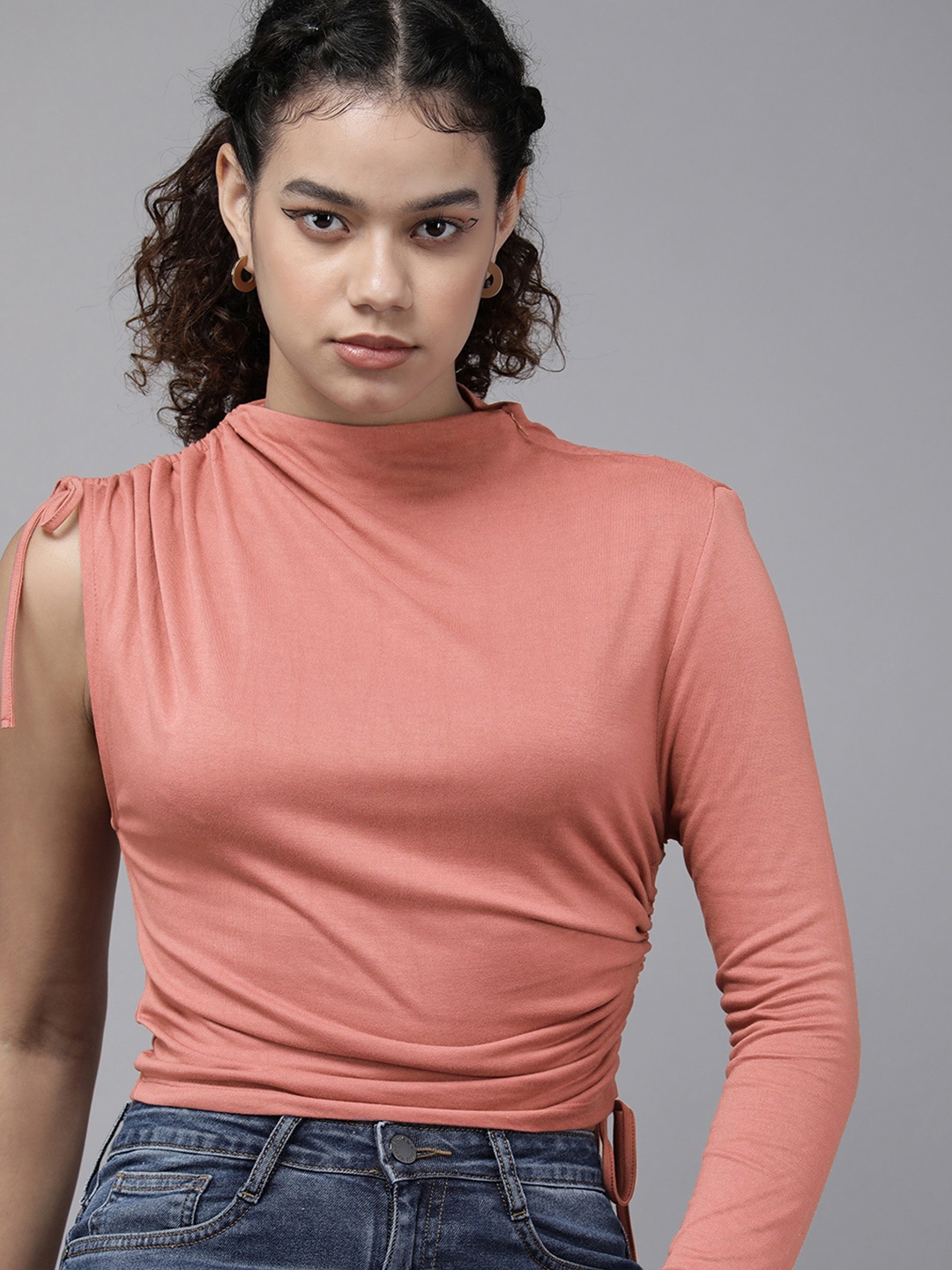 

The Roadster Life Co. Women Dusty Rose Pink One Shoulder Solid Crop Top