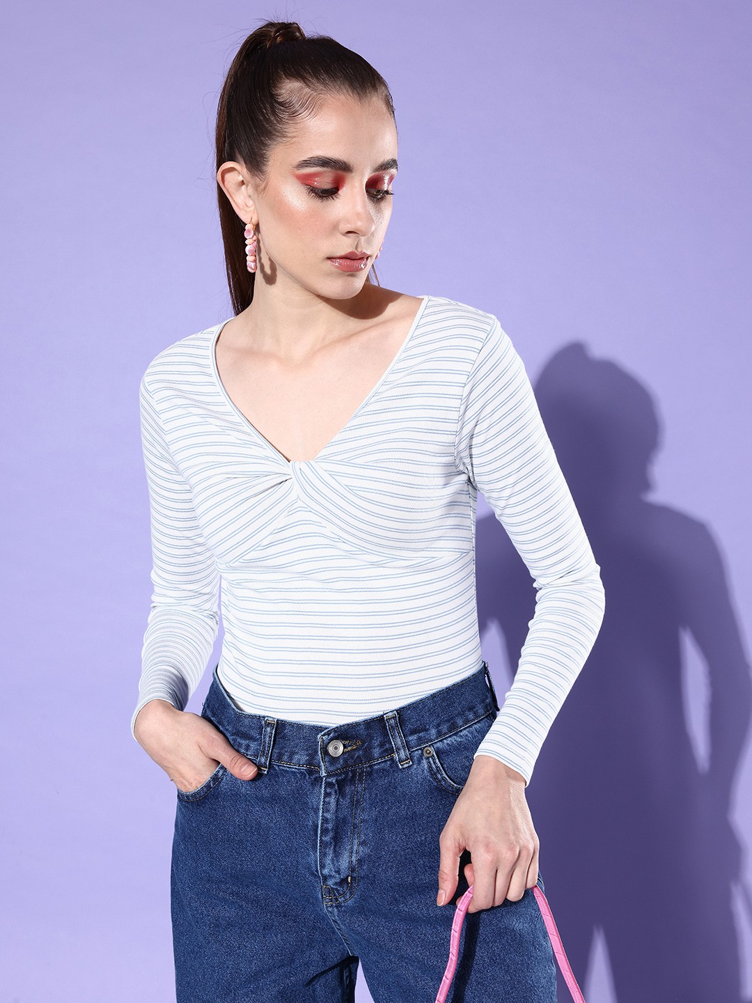 

The Roadster Lifestyle Co. Women Striped Long Sleeves Twisted Top, White