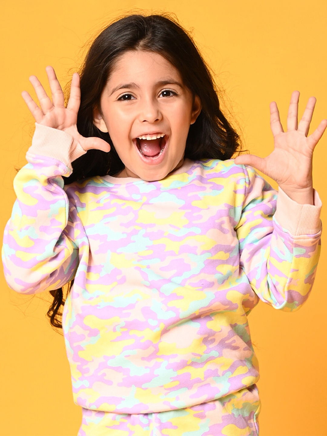 

Anthrilo Girls Purple & Yellow Printed Fleece Sweatshirt