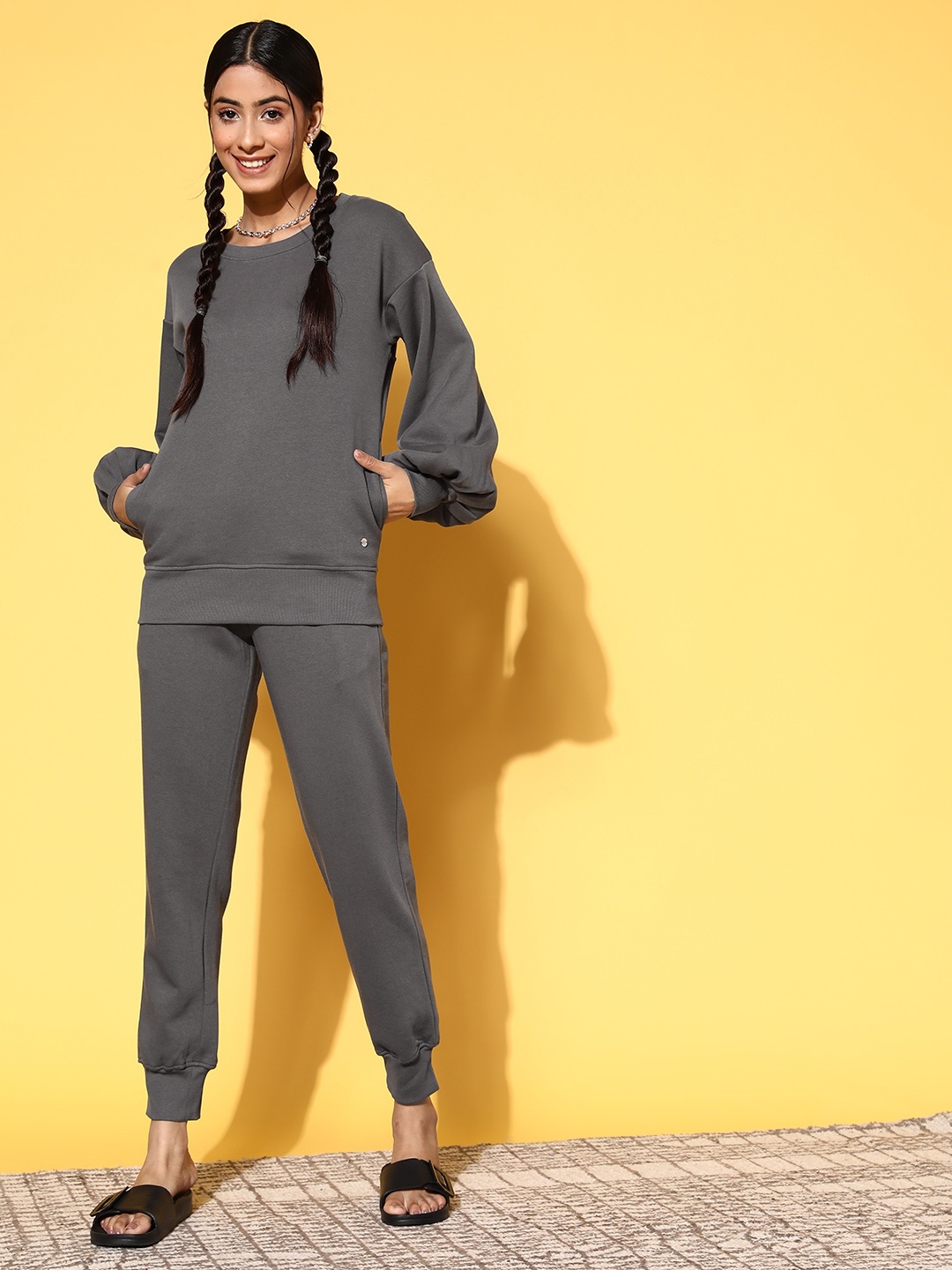 

XIN Women Charcoal Solid Night Suit