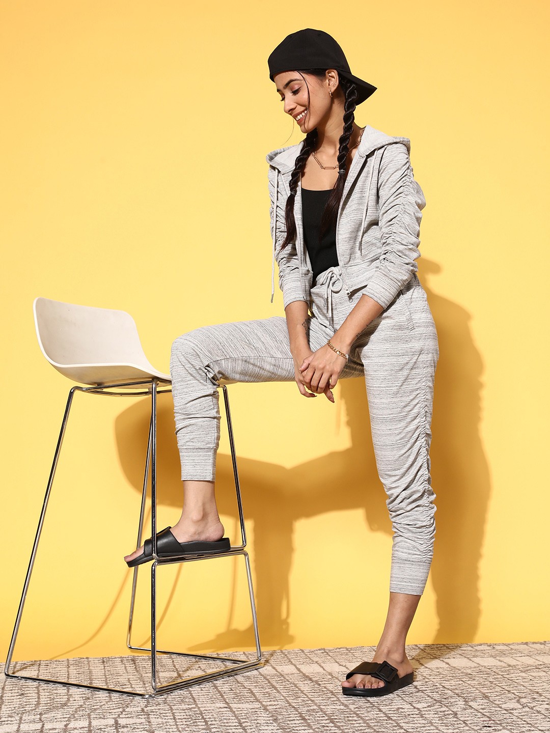 

XIN Women Grey Melange Striped Night Suit