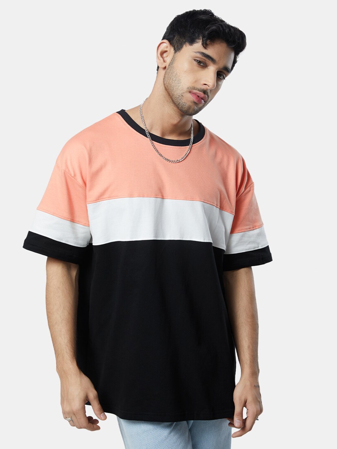 

The Souled Store Men Peach & Black Colourblocked Round Neck Oversized T-Shirt