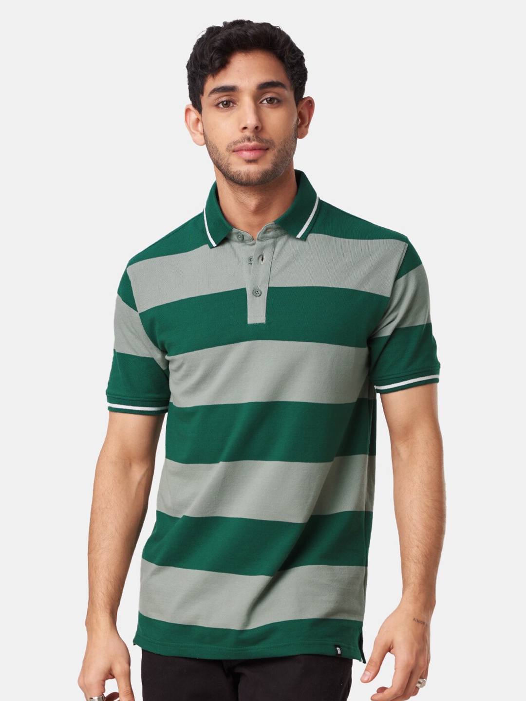 

The Souled Store Men Green Striped Polo Collar Cotton T-shirt