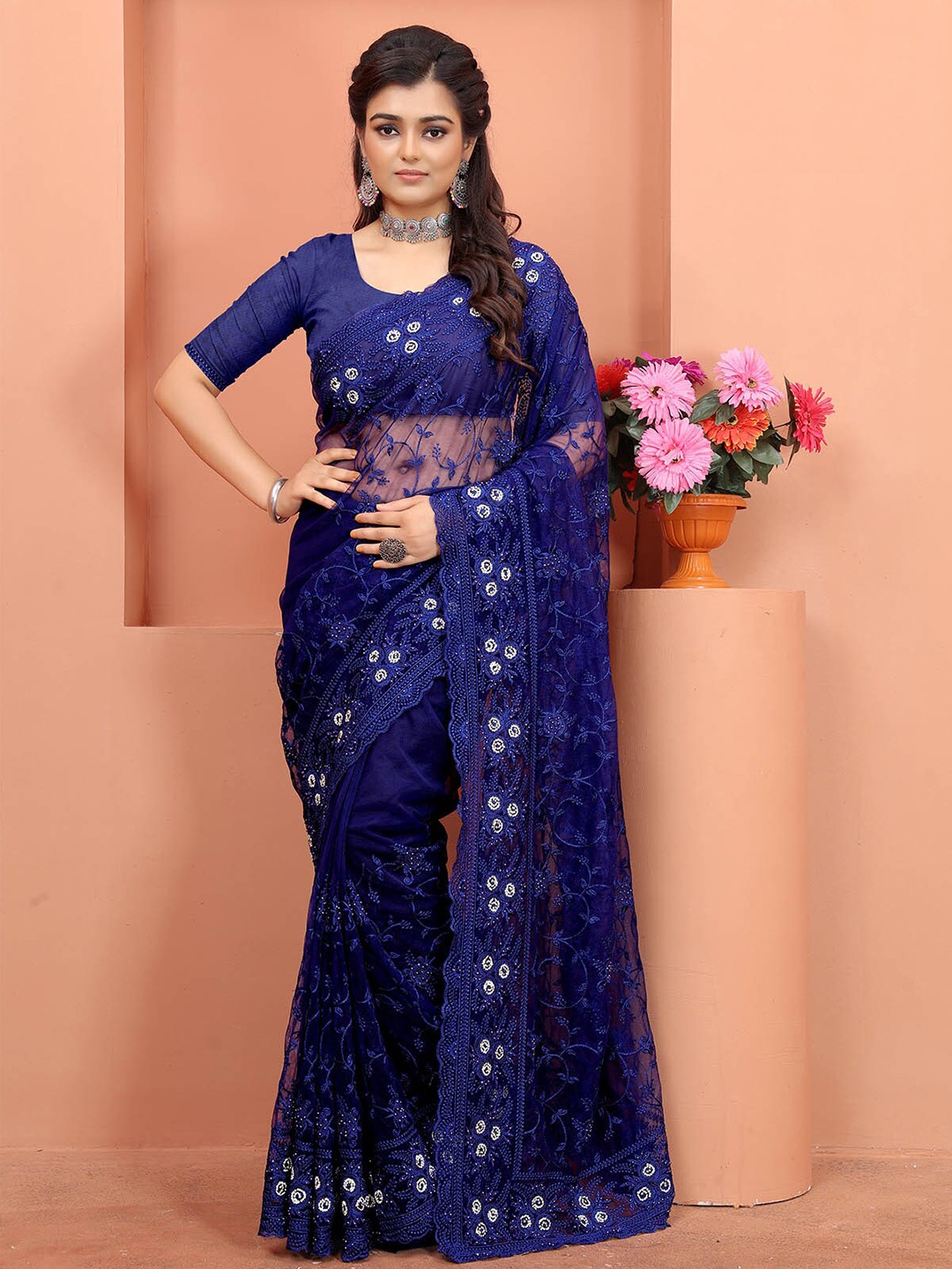 

ODETTE Blue Floral Beads and Stones Net Saree