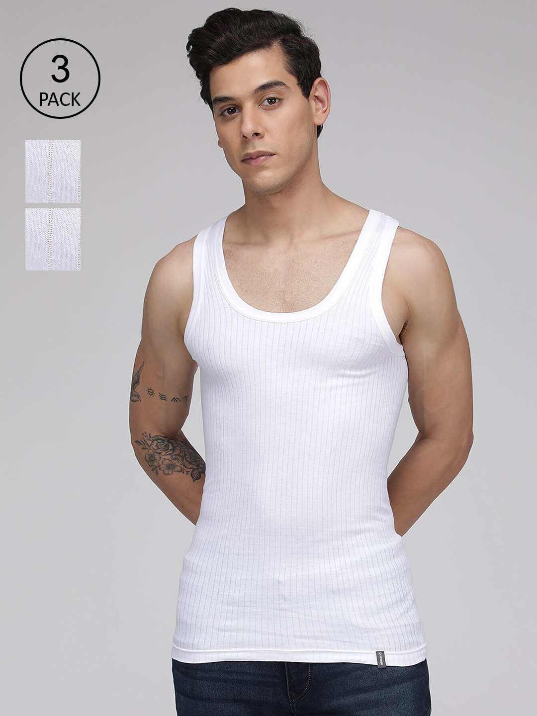 

SPORTO Men Pack Of 3 White Solid Pure Cotton Basic Innerwear Vests