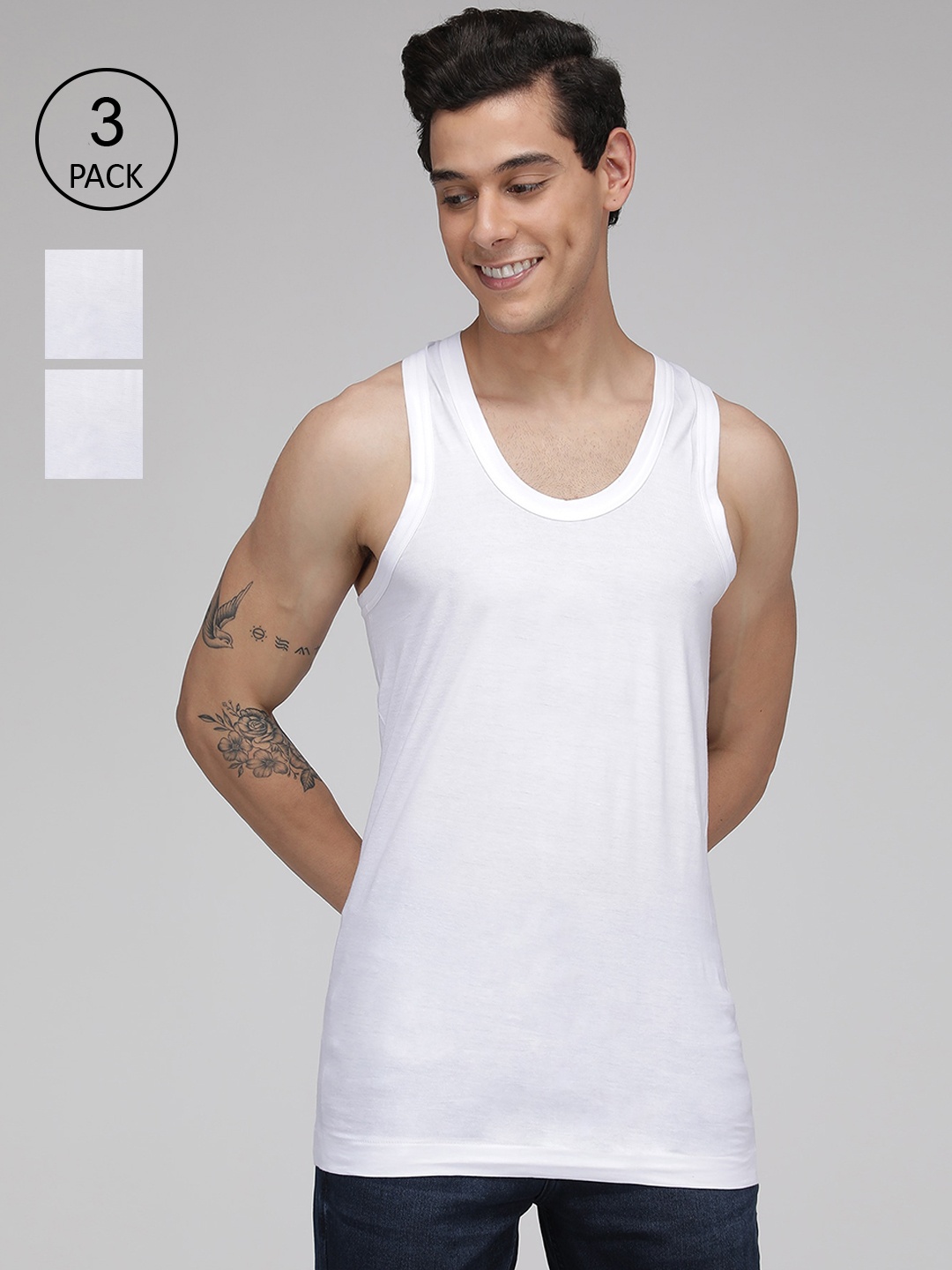 

SPORTO Men Pack Of 3 White Solid Pure Cotton Innerwear Vests