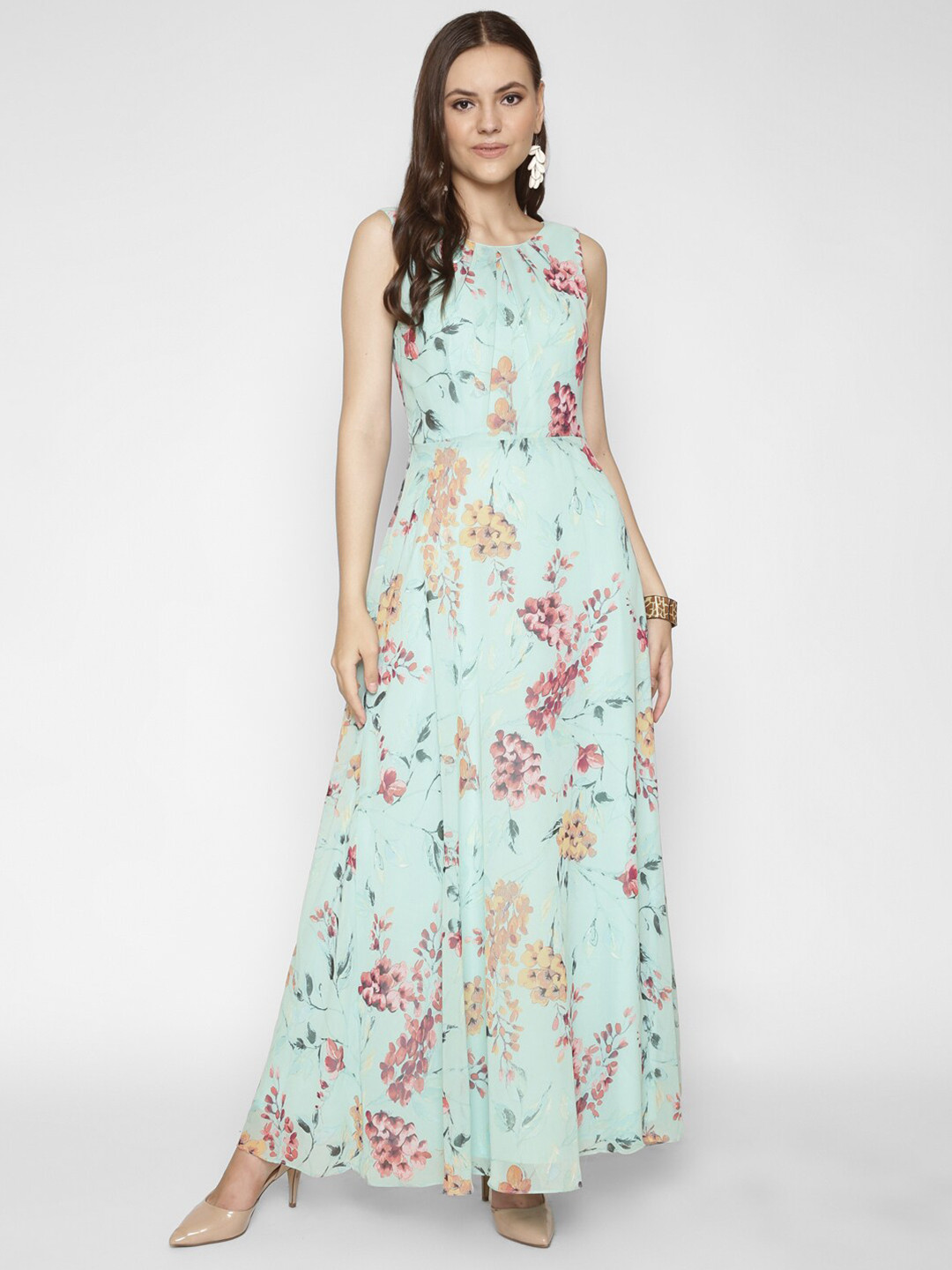 

250 DESIGNS Turquoise Blue & Red Floral Georgette Maxi Maxi Dress