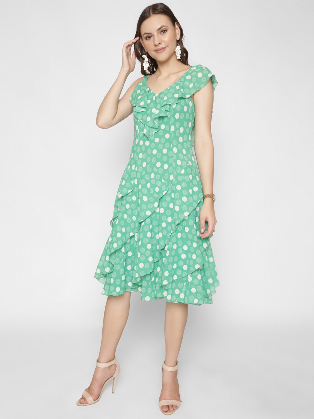 

250 DESIGNS Women Green Floral Georgette A-Line Dress