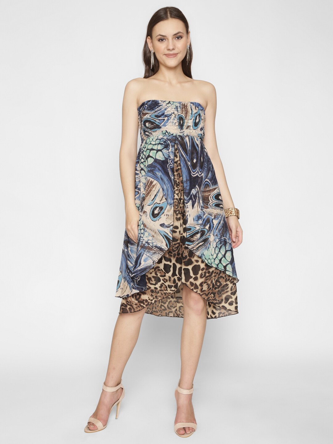 

250 DESIGNS Blue & Brown Georgette Dress
