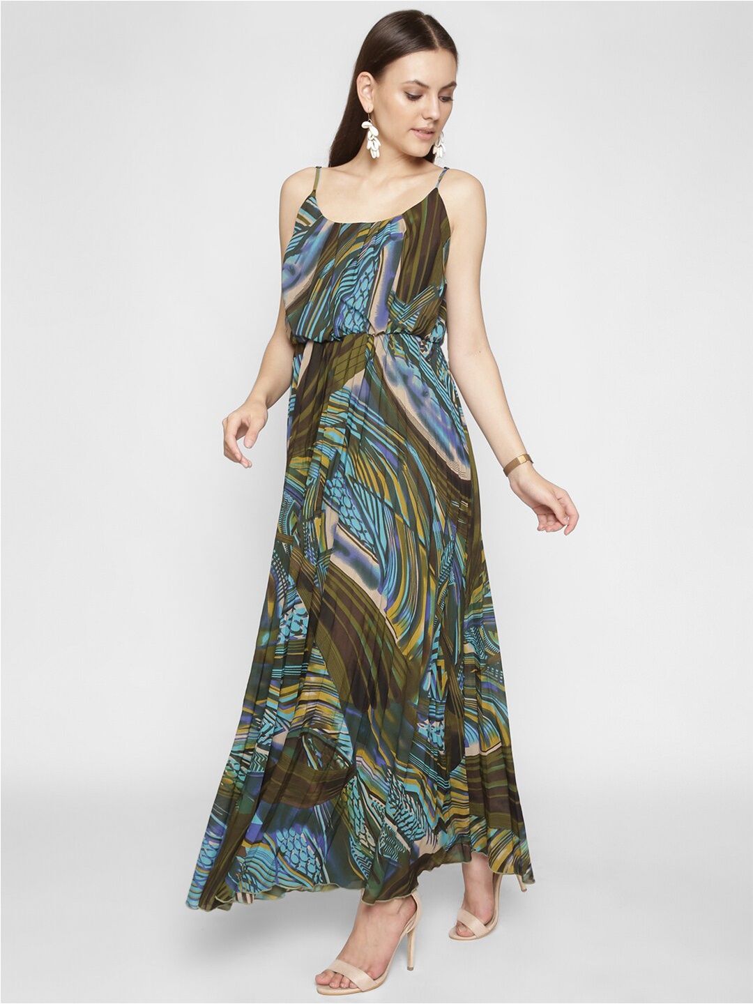 

250 DESIGNS Women Olive Green Tropical Georgette Maxi Dress