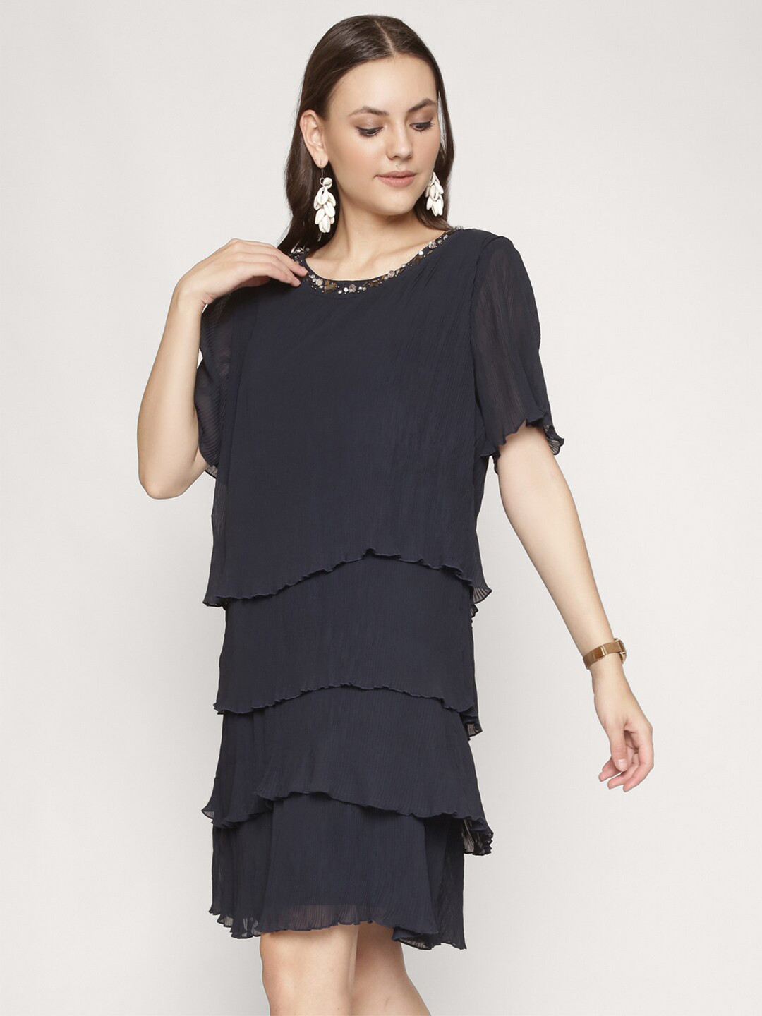

250 DESIGNS Blue Layered Georgette A-Line Dress