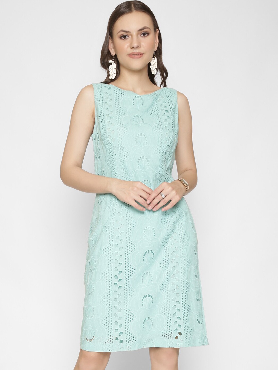 

250 DESIGNS Women Sea Green Self Design Cotton Sleeveless A-Line Dress