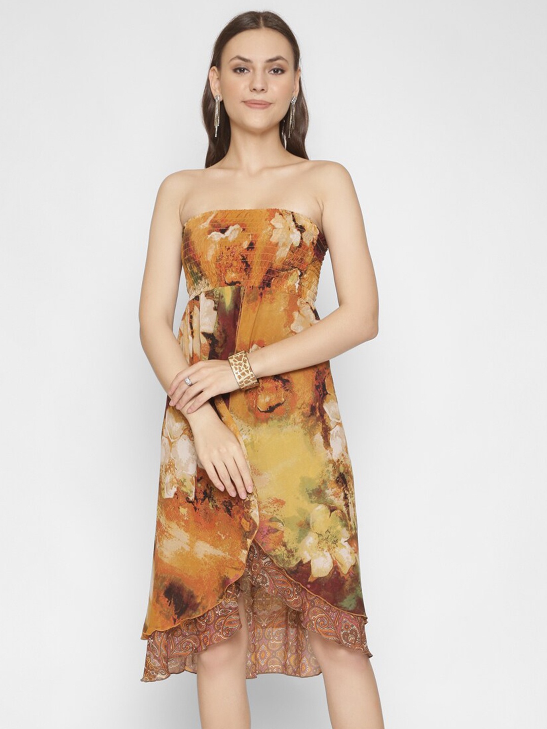 

250 DESIGNS Mustard Yellow & Brown Floral Off-Shoulder Georgette A-Line Dress