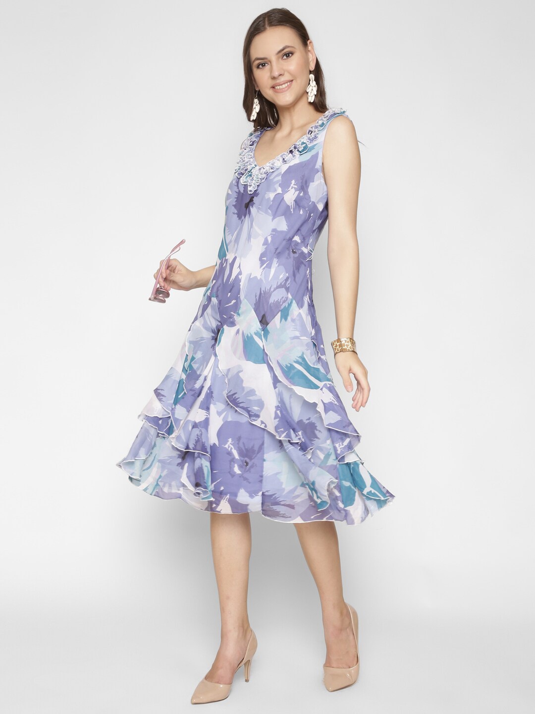 

250 DESIGNS Blue & White Floral Layered Georgette A-Line Midi Dress
