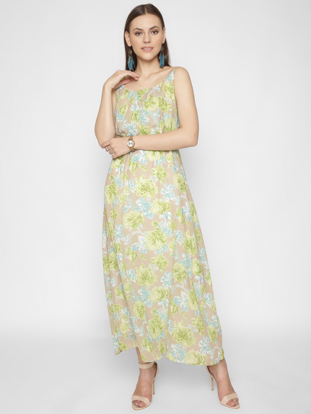 

250 DESIGNS Women Beige & Green Floral Printed Georgette A-Line Maxi Dress