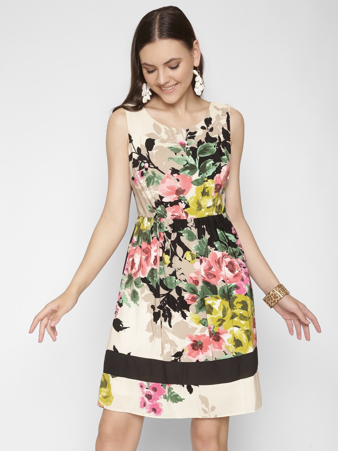 

250 DESIGNS Off White & Black Floral Satin Dress