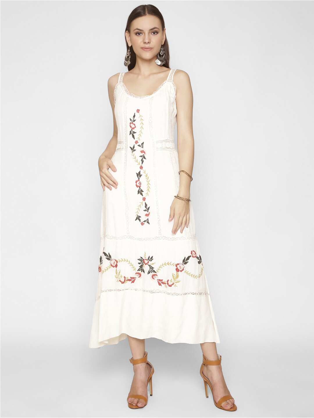 

250 DESIGNS Women Off White Floral Embroidered Georgette A-Line Maxi Cotton Dress
