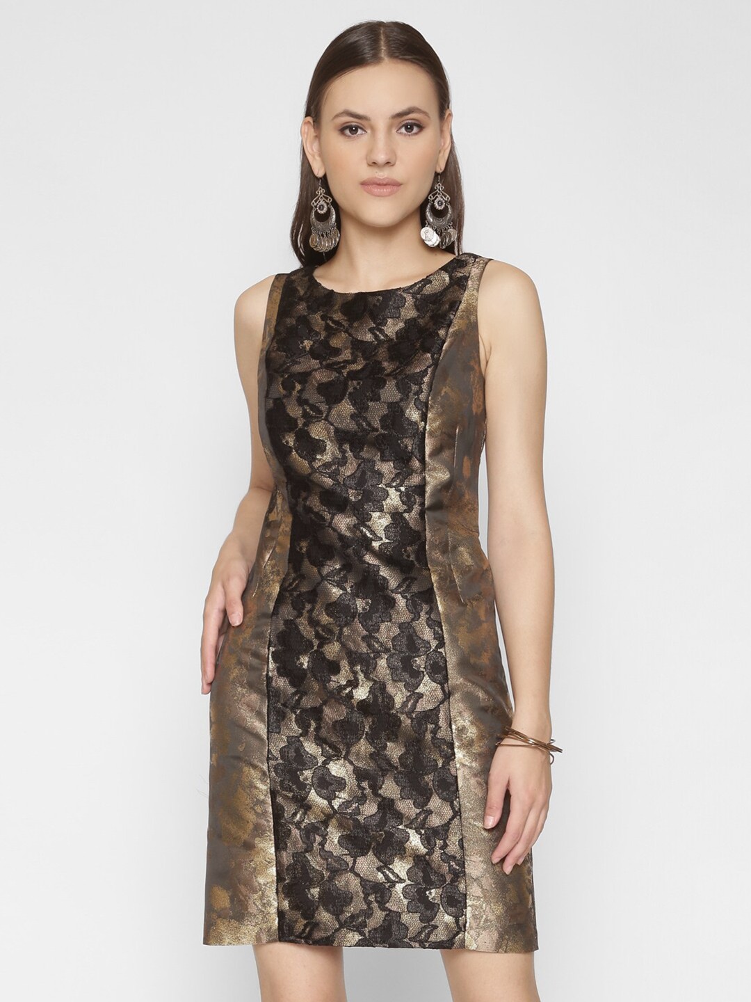 

250 DESIGNS Women Gold-Toned & Black Floral Georgette Sheath Dress