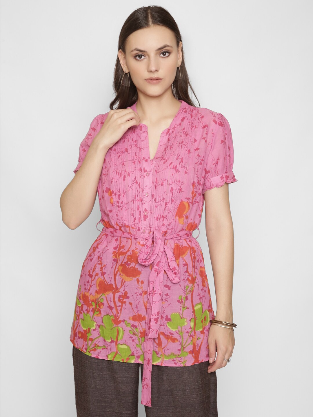 

250 DESIGNS Women Pink Floral Georgette Shirt Style Dress