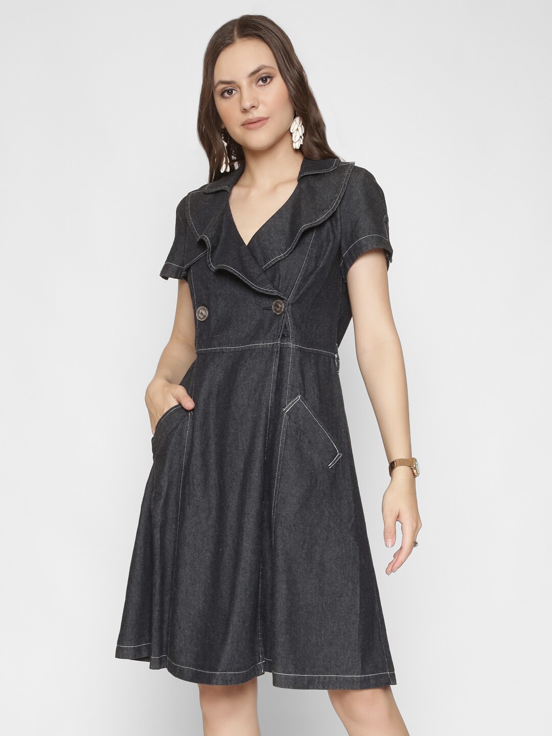 

250 DESIGNS Women Black Fit and Flare Denim Dress