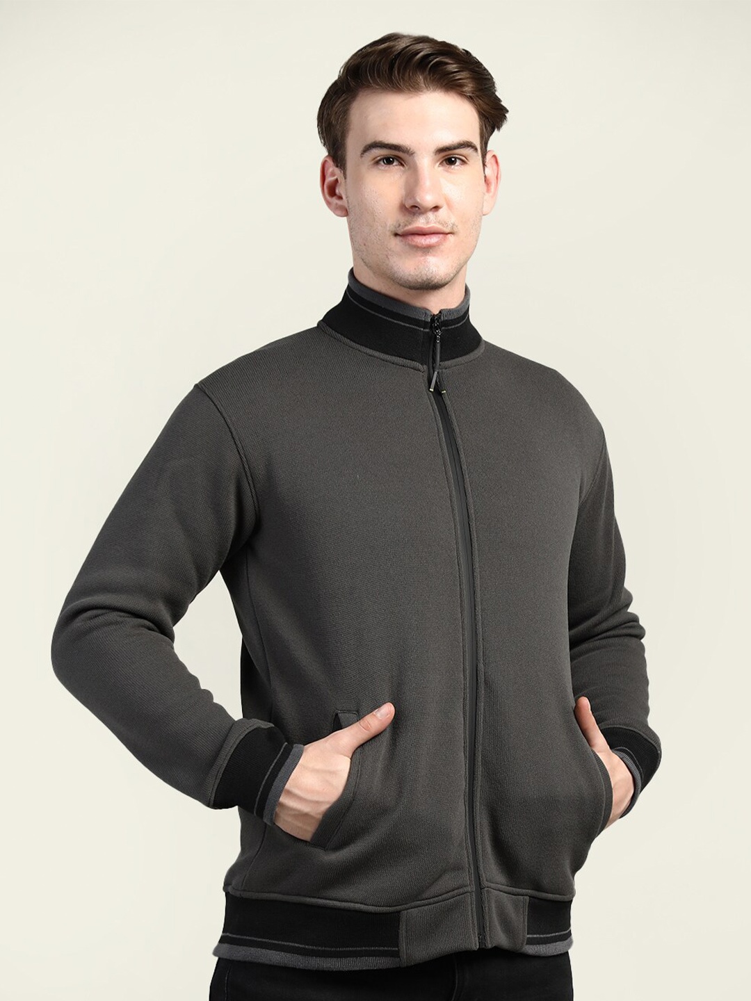 

CHKOKKO Men Charcoal Solid Zipper Sweatshirt