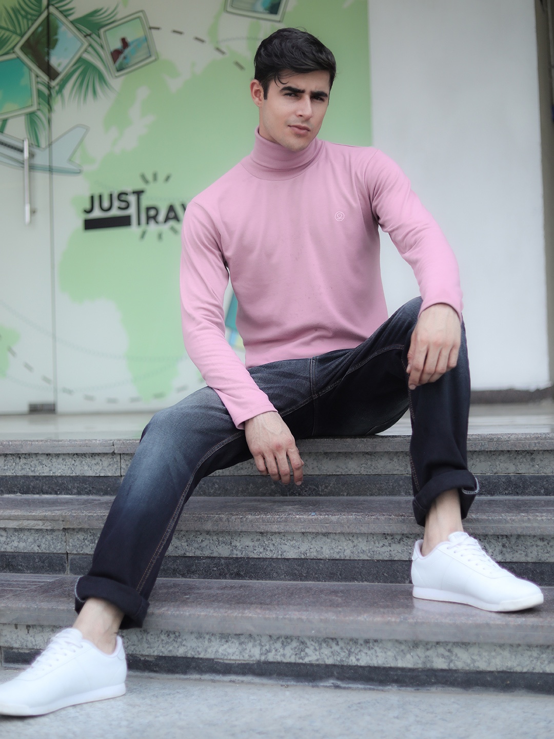 

CHKOKKO Men Pink Cotton Turtle Neck T-shirt