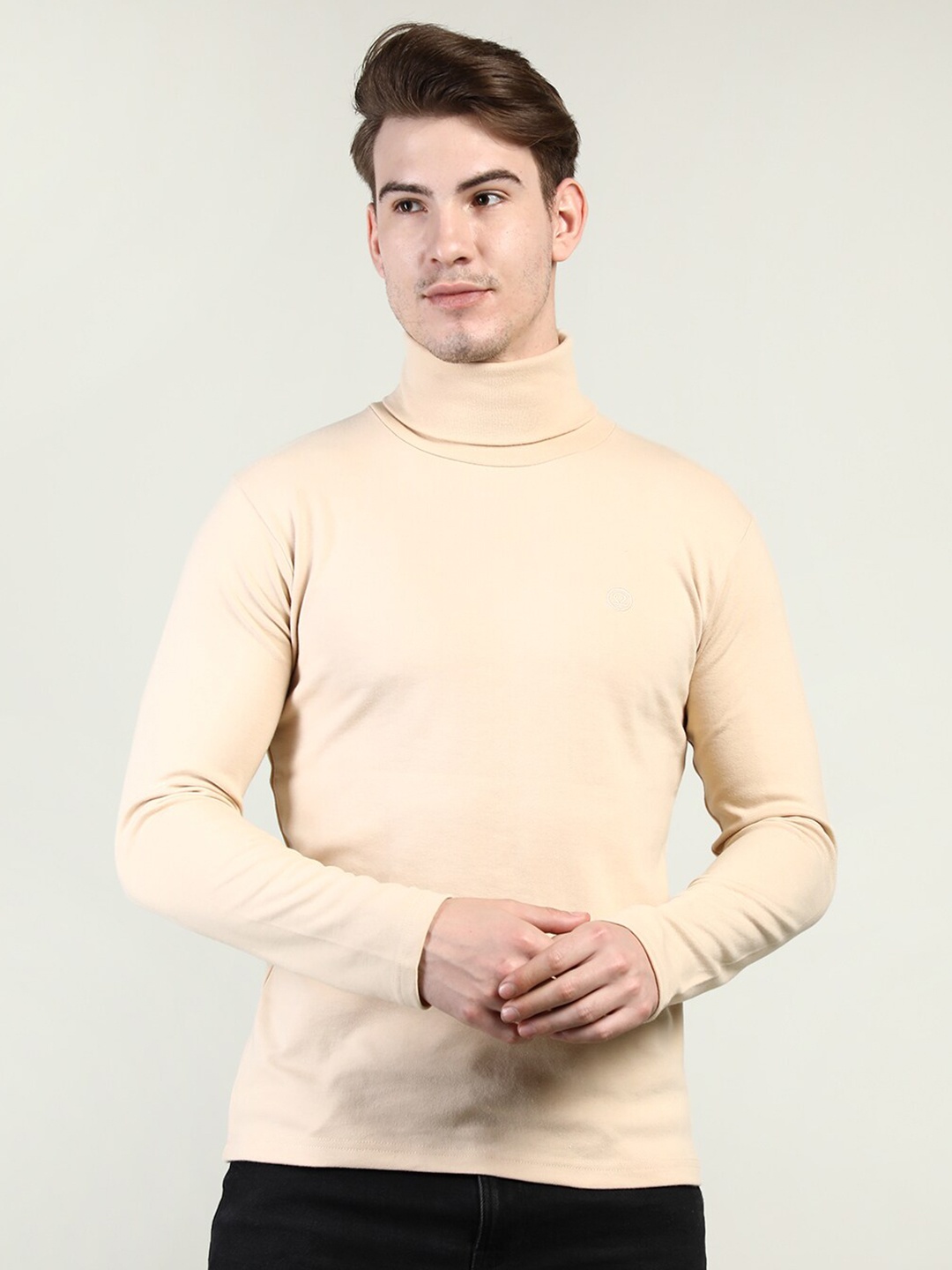 

CHKOKKO Men Beige Turtle Neck T-shirt