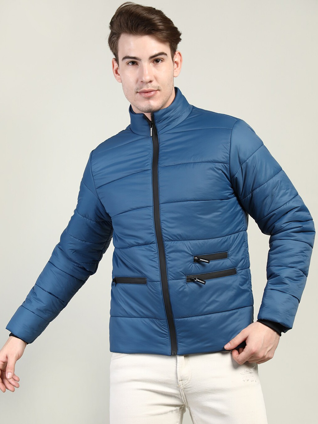 

CHKOKKO Men Blue Solid Padded Jacket