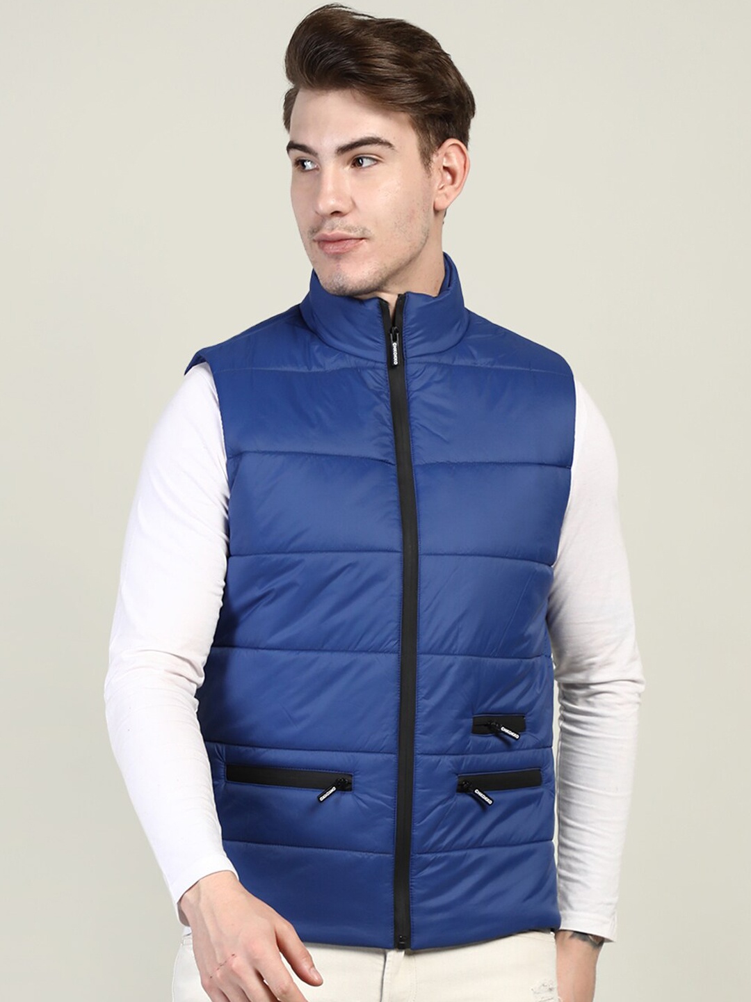 

CHKOKKO Men Blue Crop Outdoor Puffer Jacket