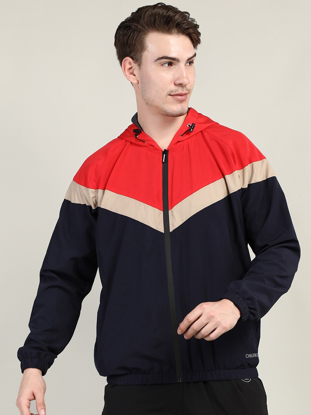 

CHKOKKO Men Red Colourblocked Windcheater Outdoor Open Front Jacket