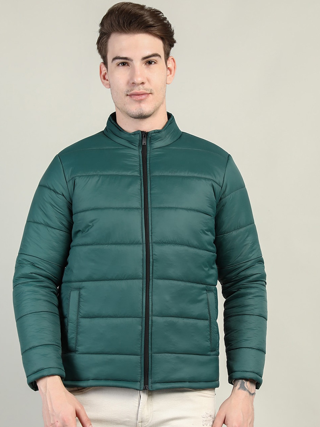 

CHKOKKO Men Green Striped Outdoor Puffer Jacket