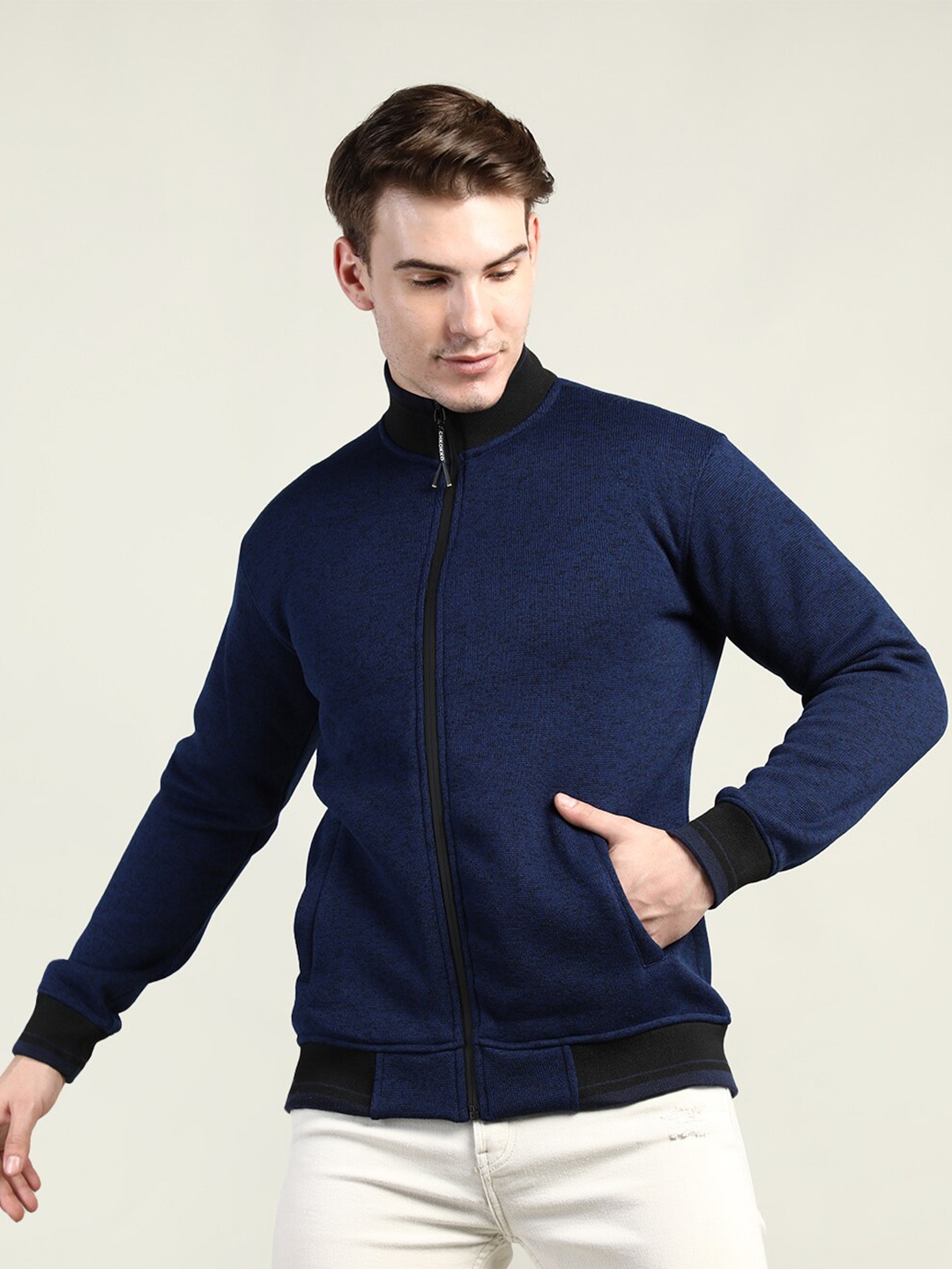 

CHKOKKO Men Navy Blue Mock Collar Sweatshirt