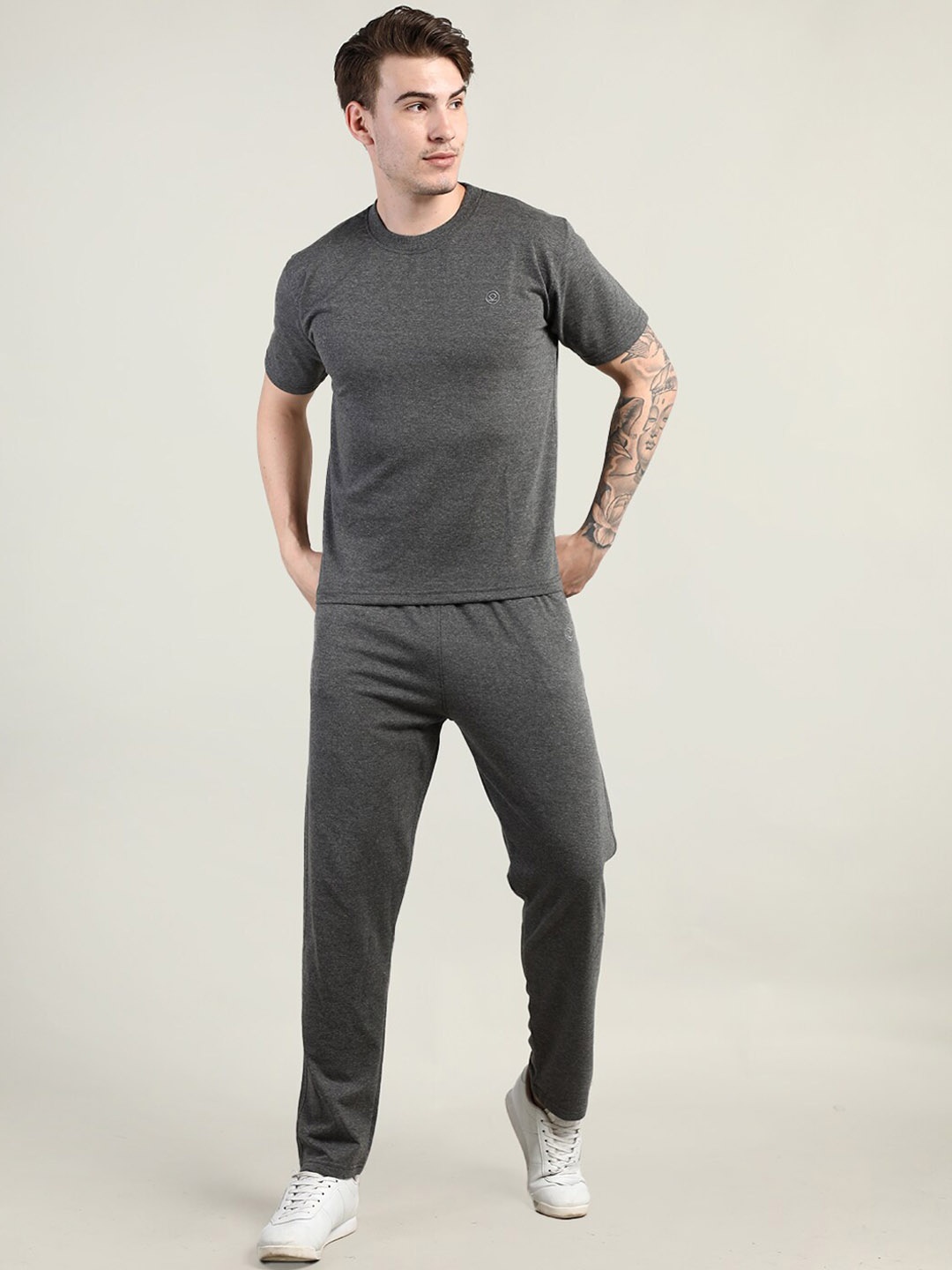 

CHKOKKO Men Grey Solid Co-ord Sets