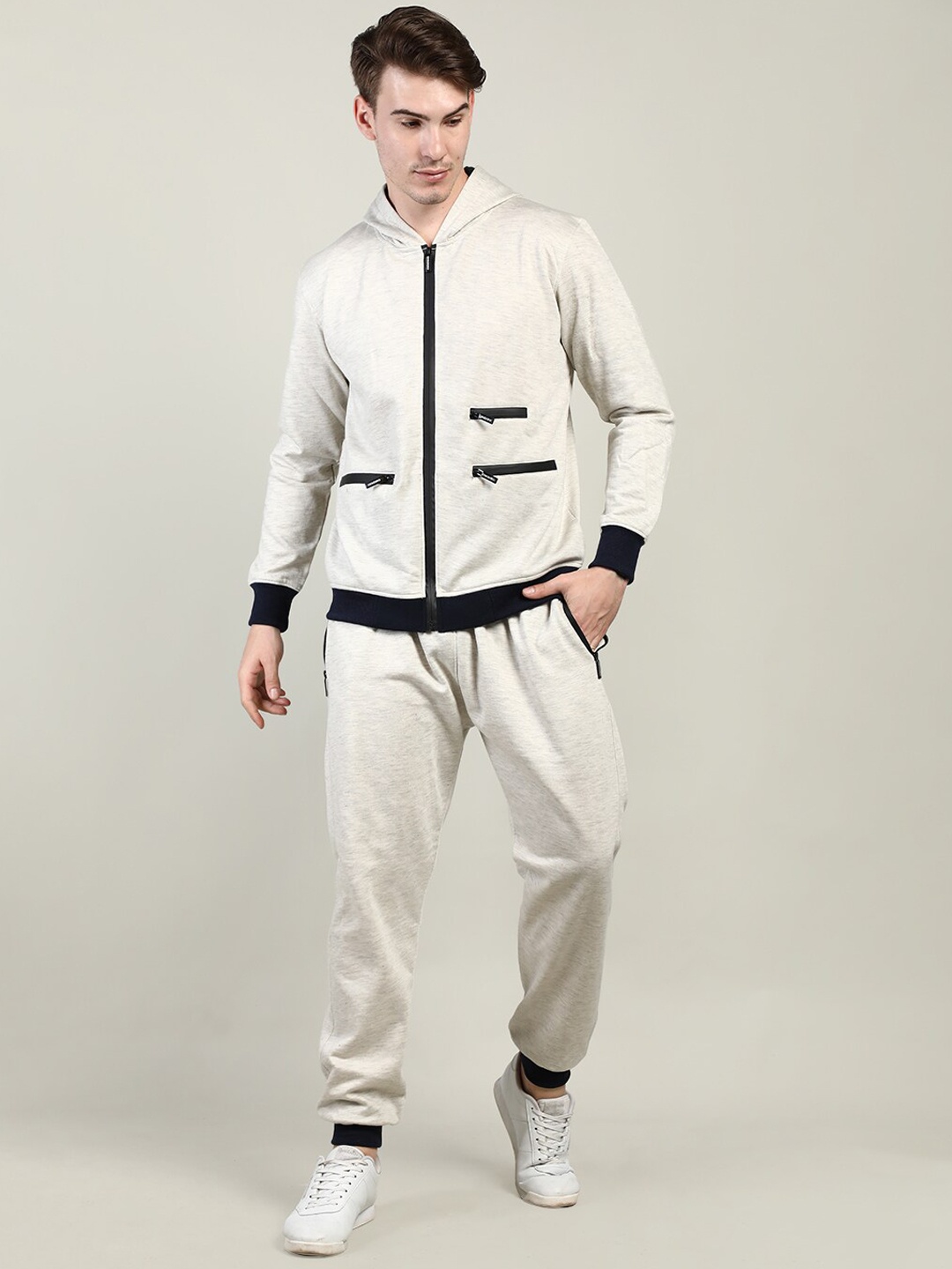 

CHKOKKO Men Cream Coloured Solid Track Suit
