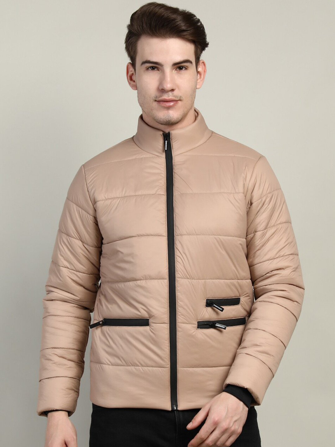 

CHKOKKO Men Beige Longline Outdoor Padded Jacket