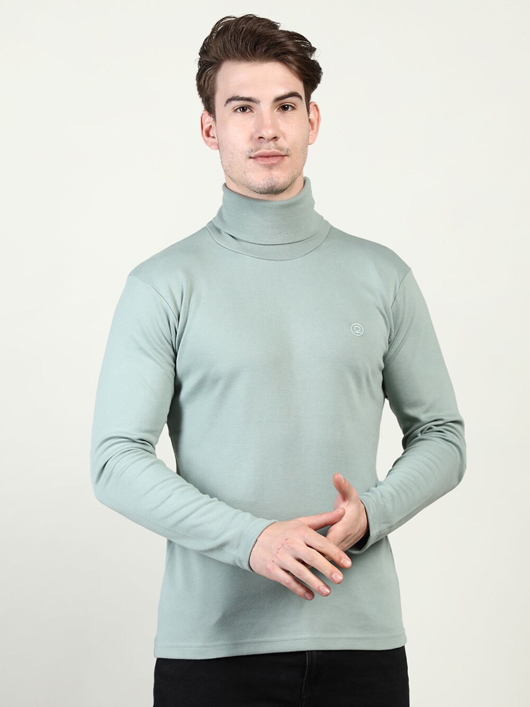 

CHKOKKO Men Green High Neck Cotton T-shirt