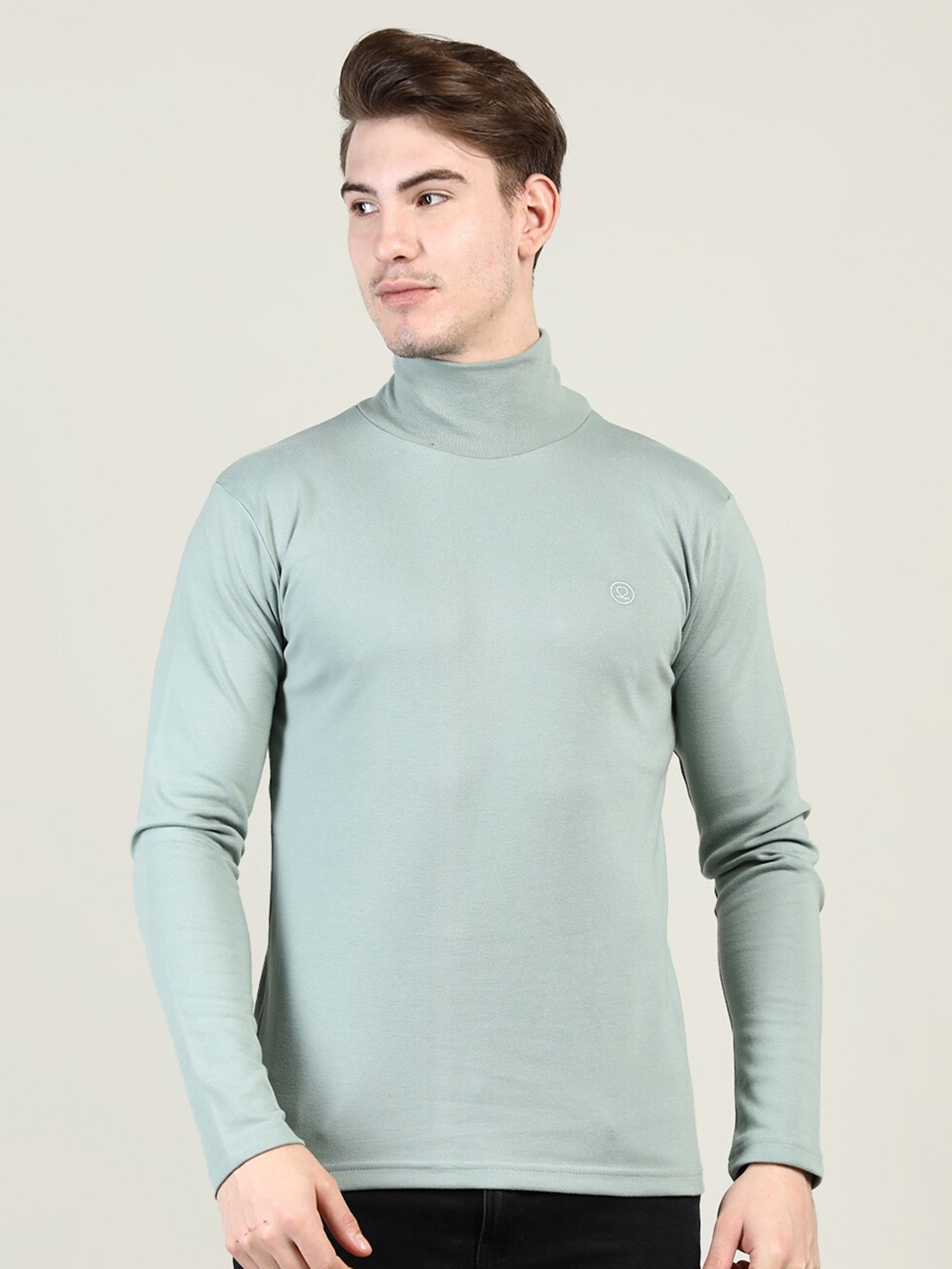 

CHKOKKO Men Green High Neck Cotton T-shirt
