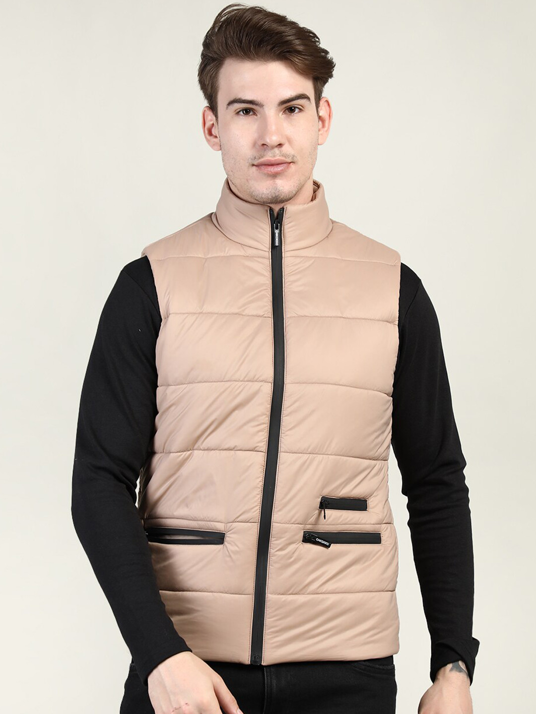 

CHKOKKO Men Beige Solid Sleeveless Padded Jacket
