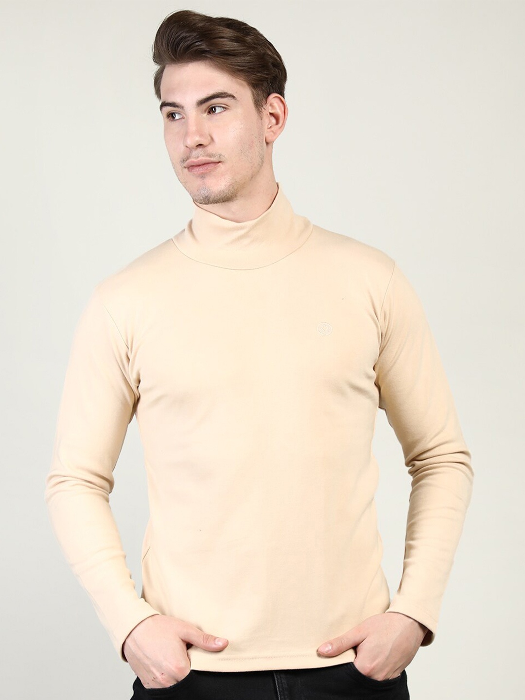 

CHKOKKO Men Beige High Neck Cotton T-shirt