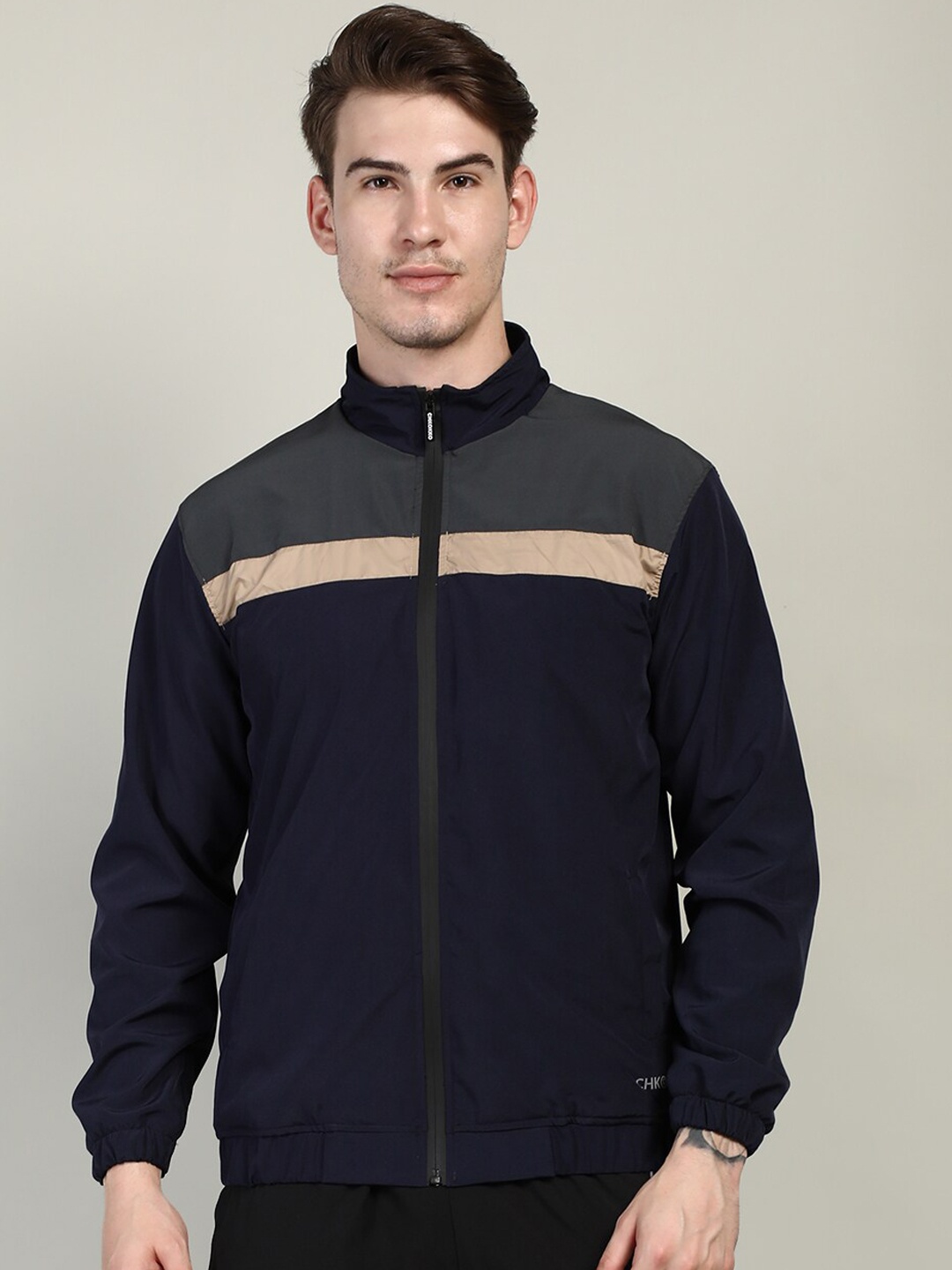 

CHKOKKO Men Navy Blue Grey Colourblocked Windcheater and Water Resistant Bomber Jacket