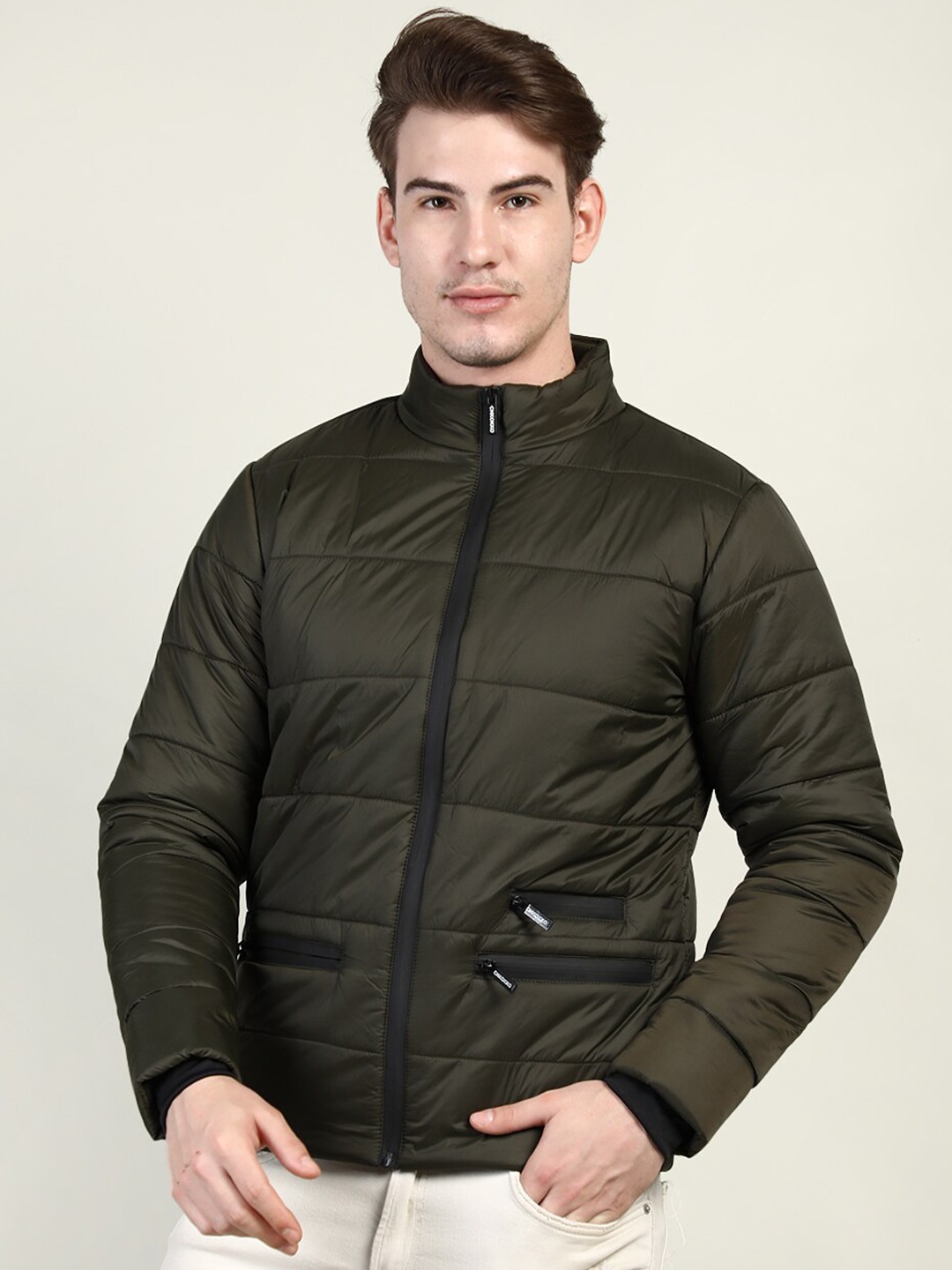 

CHKOKKO Men Olive Green Puffer Jacket
