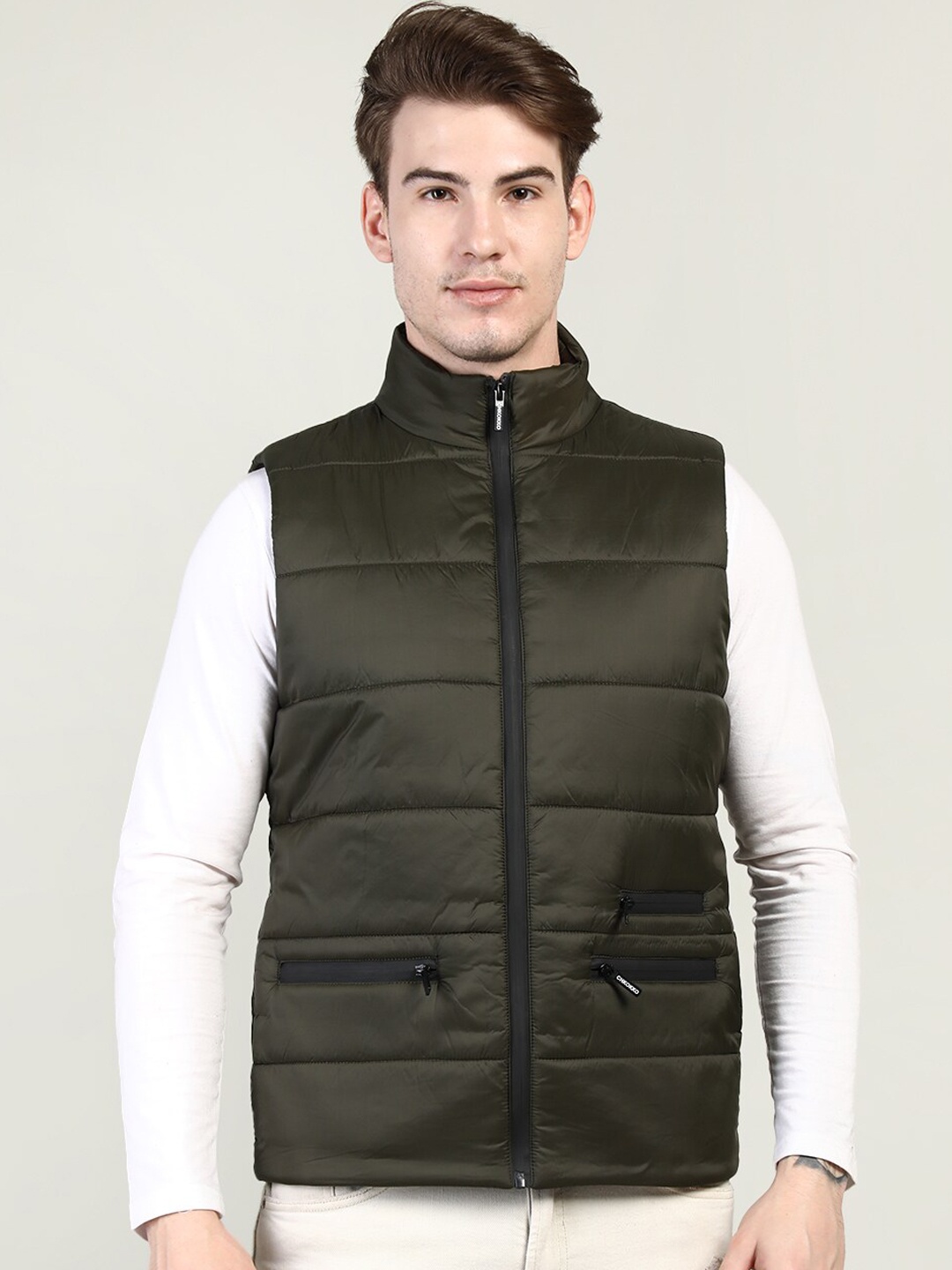 

CHKOKKO Men Olive Green Solid Sleeveless Puffer Jacket