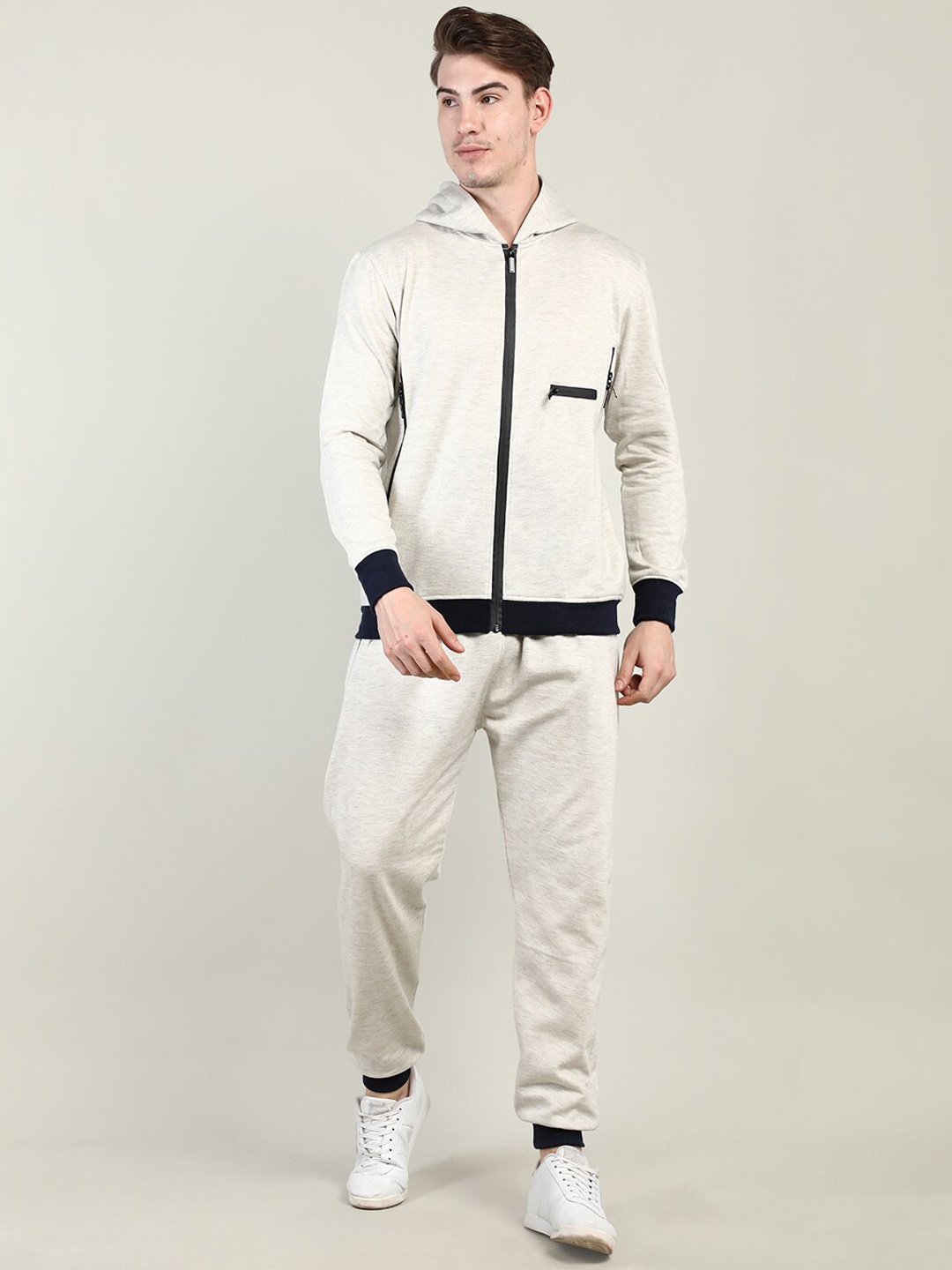 

CHKOKKO Men Cream-Colored Solid Tracksuit