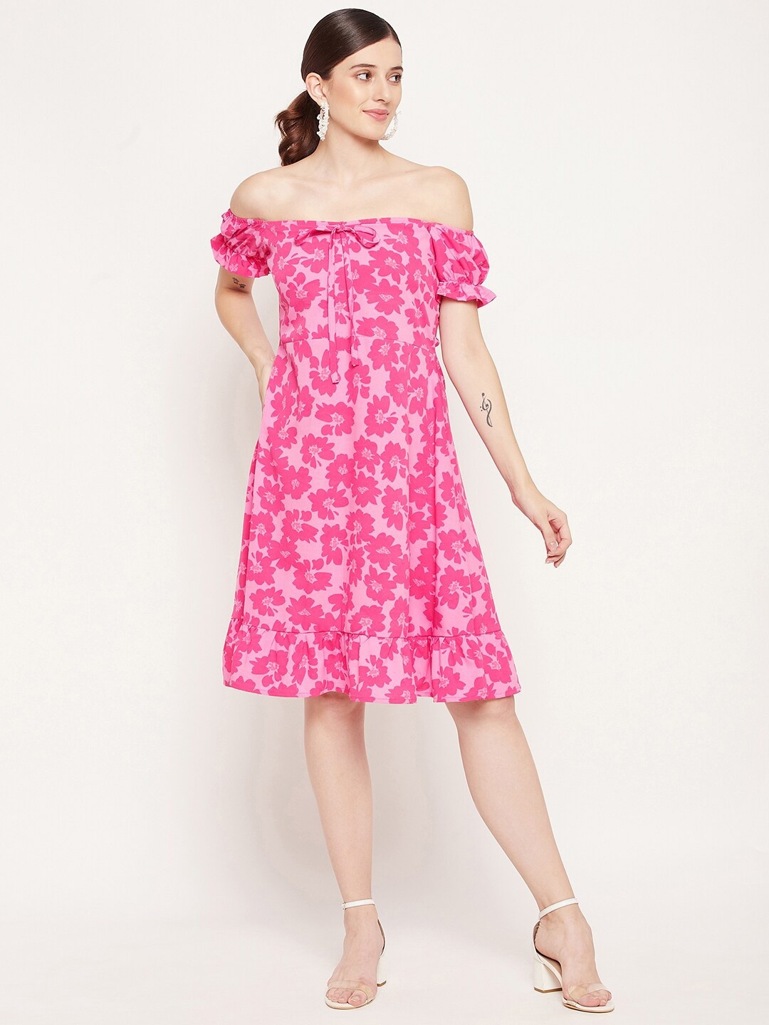 

Fashfun Women Pink Floral Off-Shoulder Crepe A-Line Dress