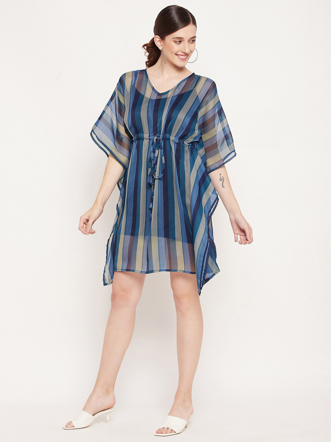 

Fashfun Blue Striped Chiffon Kaftan Dress