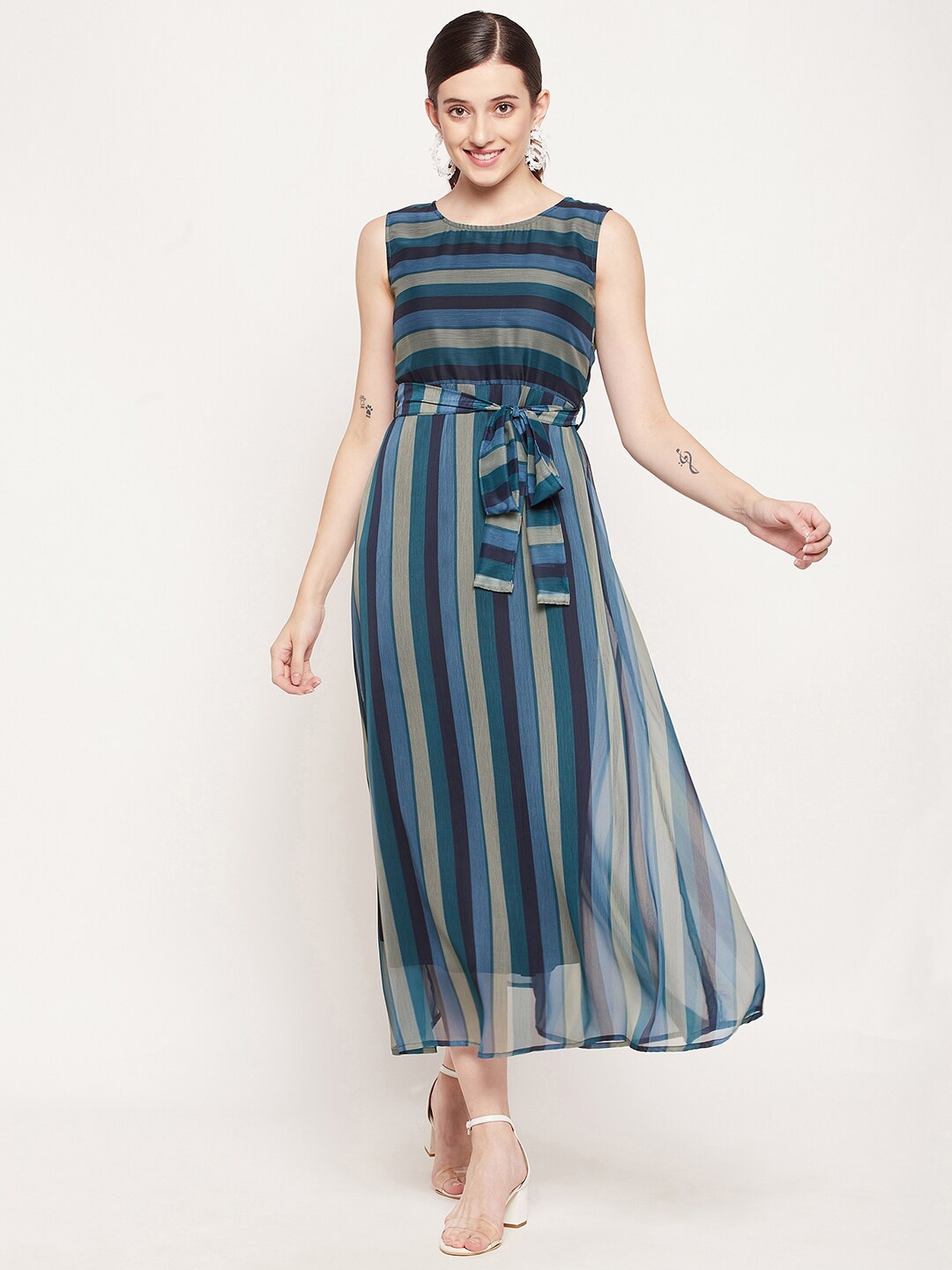 

Fashfun Women Blue & Beige Striped Chiffon A-Line Maxi Dress