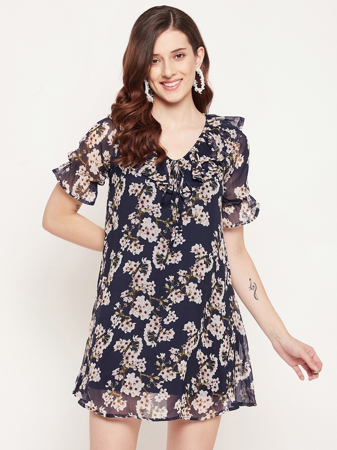 

Fashfun Women Blue & Off White Floral Chiffon A-Line Mini Dress