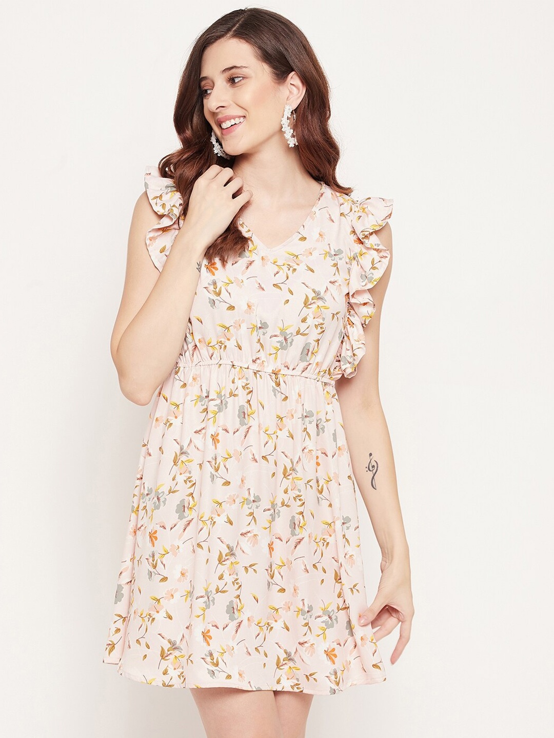 

Fashfun Women Peach-Coloured & Grey Floral Crepe Dress