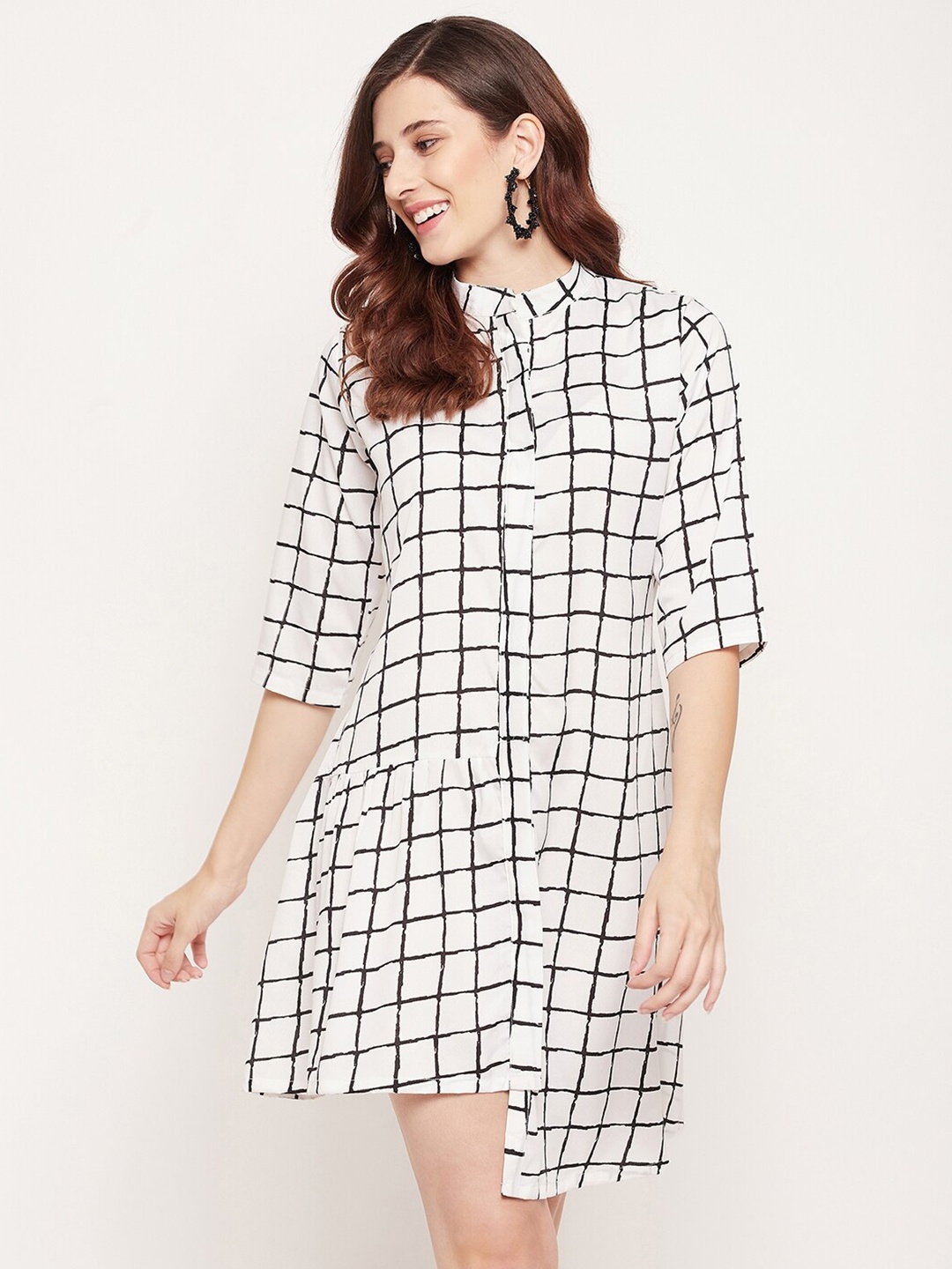 

Fashfun Women White & Black Checked Crepe Formal Shirt Dress