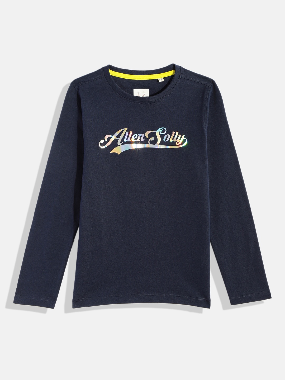 

Allen Solly Junior Boys Navy Blue Brand Logo Printed Pure Cotton T-shirt